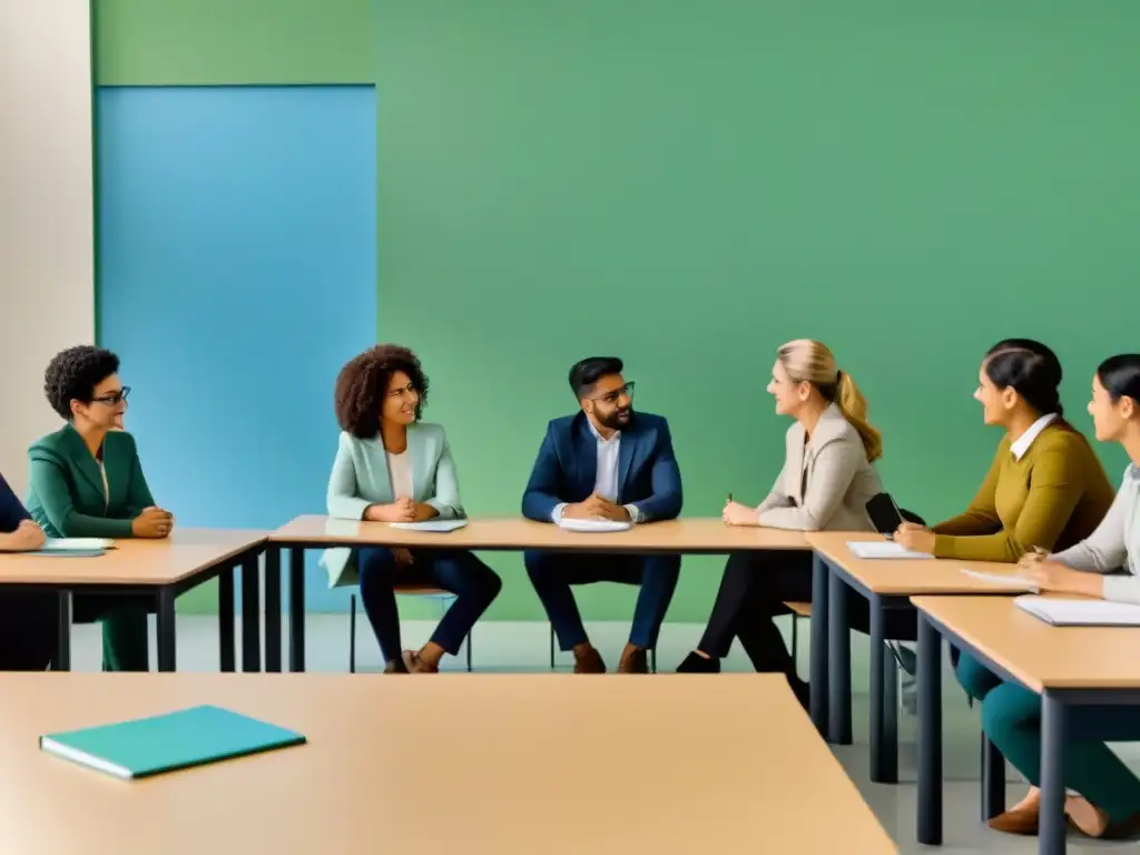 Transformación educativa: Profesionales y estudiantes colaboran en Uruguay Un aula moderna con profesionales y estudiantes diversos en Uruguay participando activamente en capacitación en educación