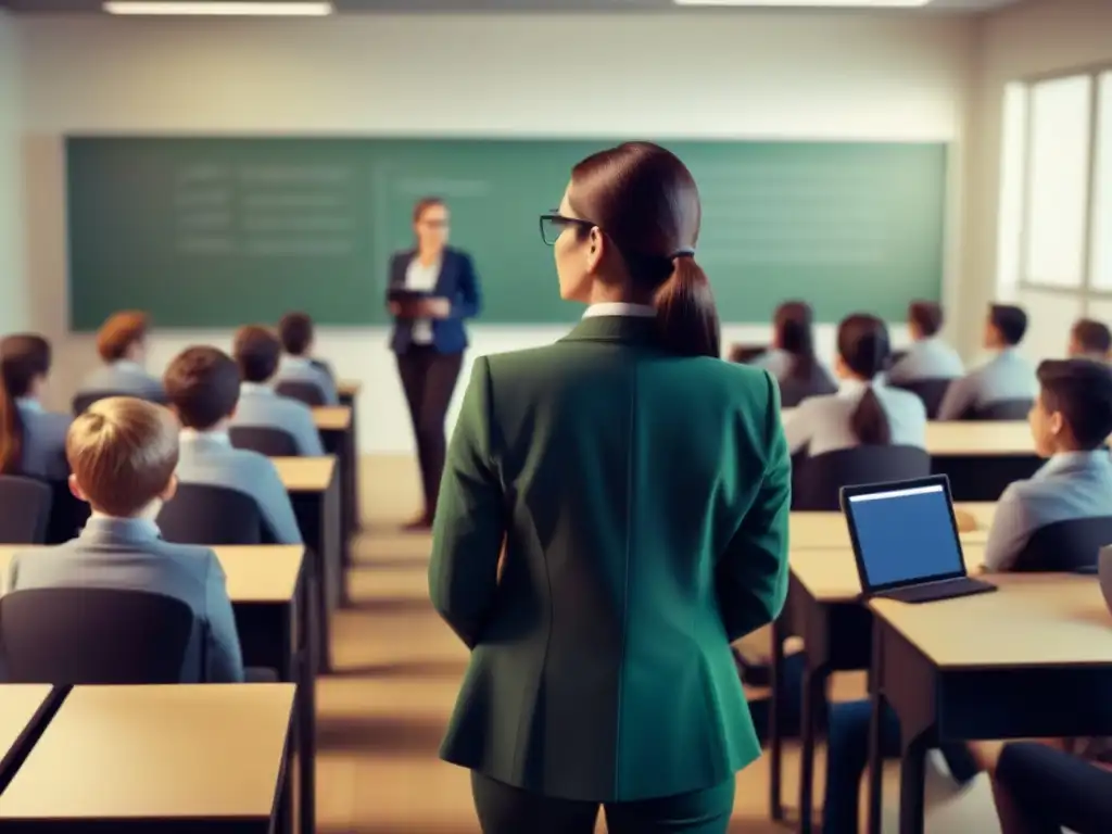 Un aula moderna con profesor y estudiantes usando tecnología, implementando Flipped Classroom en Uruguay