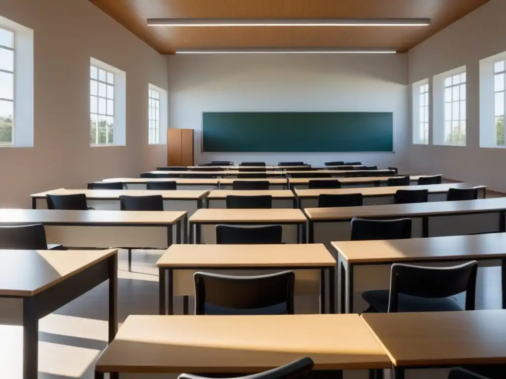 Un aula moderna y serena en Uruguay, con escritorios elegantes en filas, iluminada por el sol a través de grandes ventanas