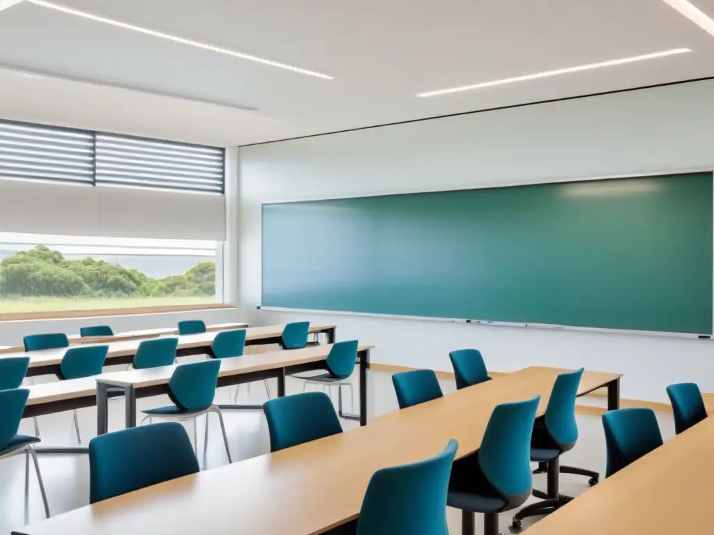 Un aula moderna y serena en una institución educativa de élite en Uruguay, con mobiliario minimalista y tecnología educativa