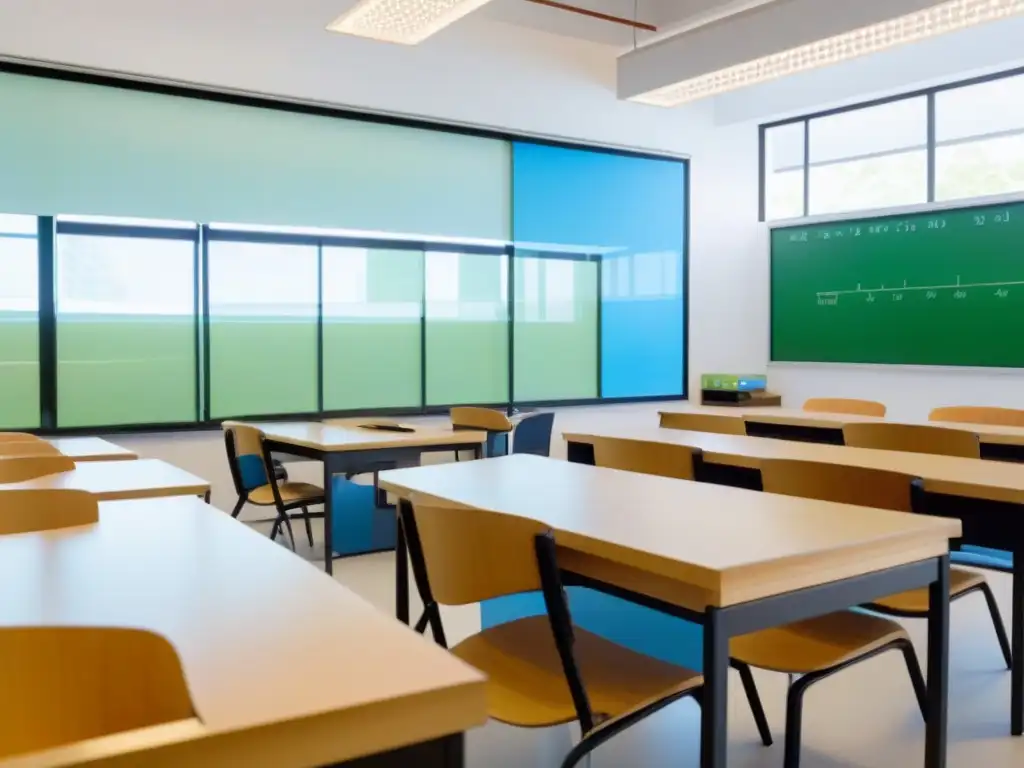 Aula moderna y serena con tecnología educativa Aula moderna y serena con lección bilingüe de crecimiento económico en Uruguay