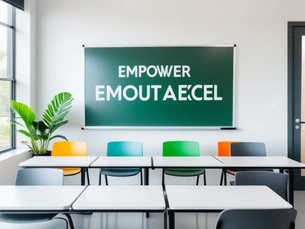 Un aula moderna y serena, lista para el aprendizaje, con un pizarrón blanco y sillas ergonómicas