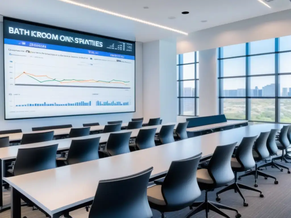 Salón de clases moderno y profesional para cursos de finanzas Aula moderna con sillas ergonómicas y gráficos financieros, ideal para cursos de finanzas para jóvenes emprendedores en Uruguay
