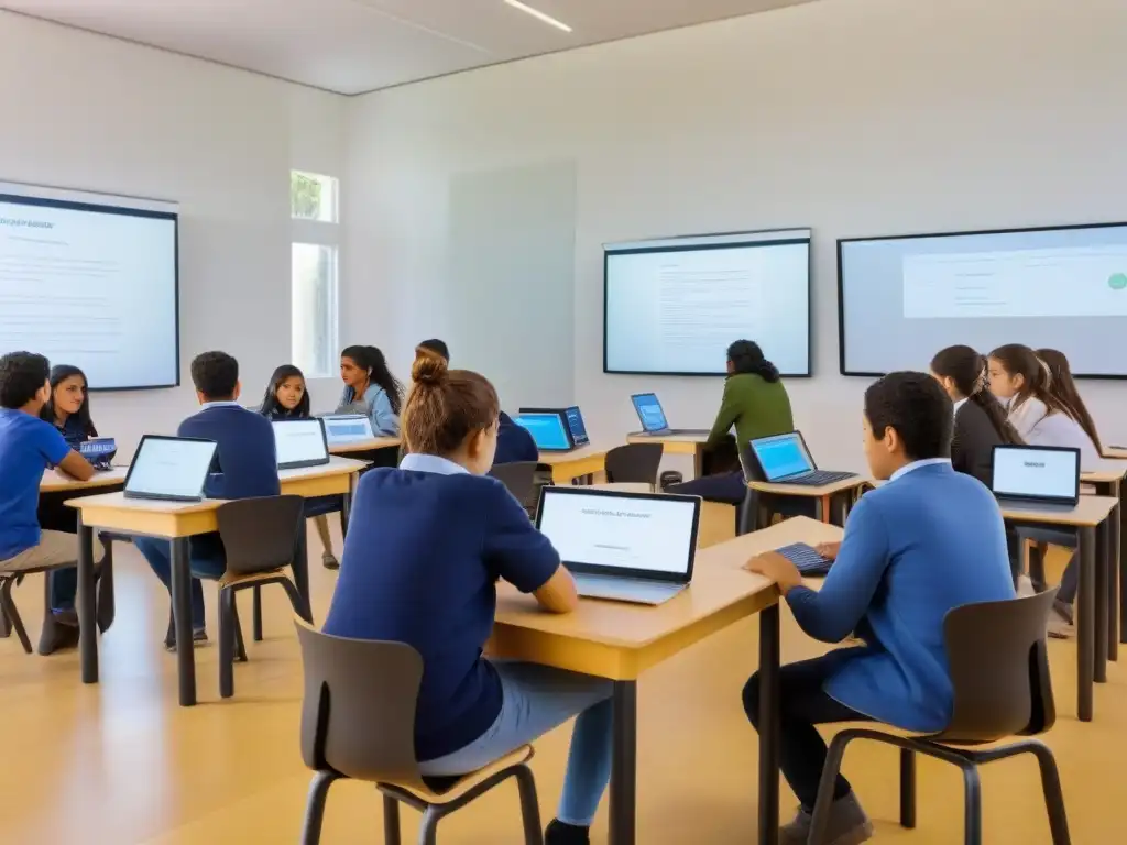 Un aula moderna en Uruguay con software educativo en una atmósfera luminosa y alumnos entusiastas