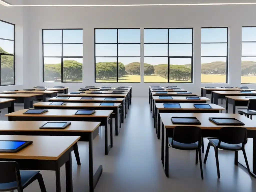 Una aula moderna en Uruguay con tabletas educativas organizadas en los escritorios