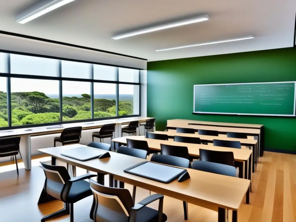 Aula moderna en Uruguay con tecnología avanzada y vista a la naturaleza, simbolizando la evolución del sistema educativo en Uruguay