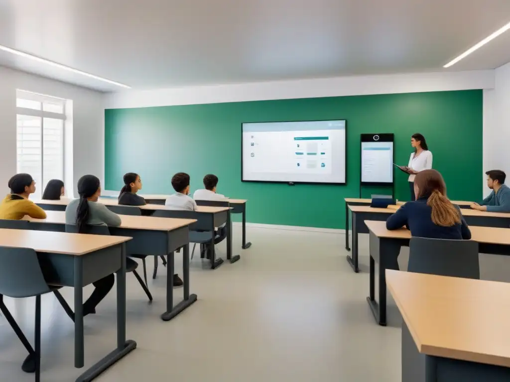 Un aula moderna en Uruguay con tecnología educativa innovadora y estudiantes diversos