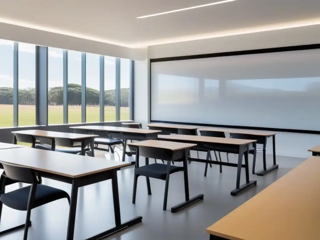 Aula moderna en Uruguay con tecnología educativa de vanguardia y diseño minimalista, iluminada por la luz natural