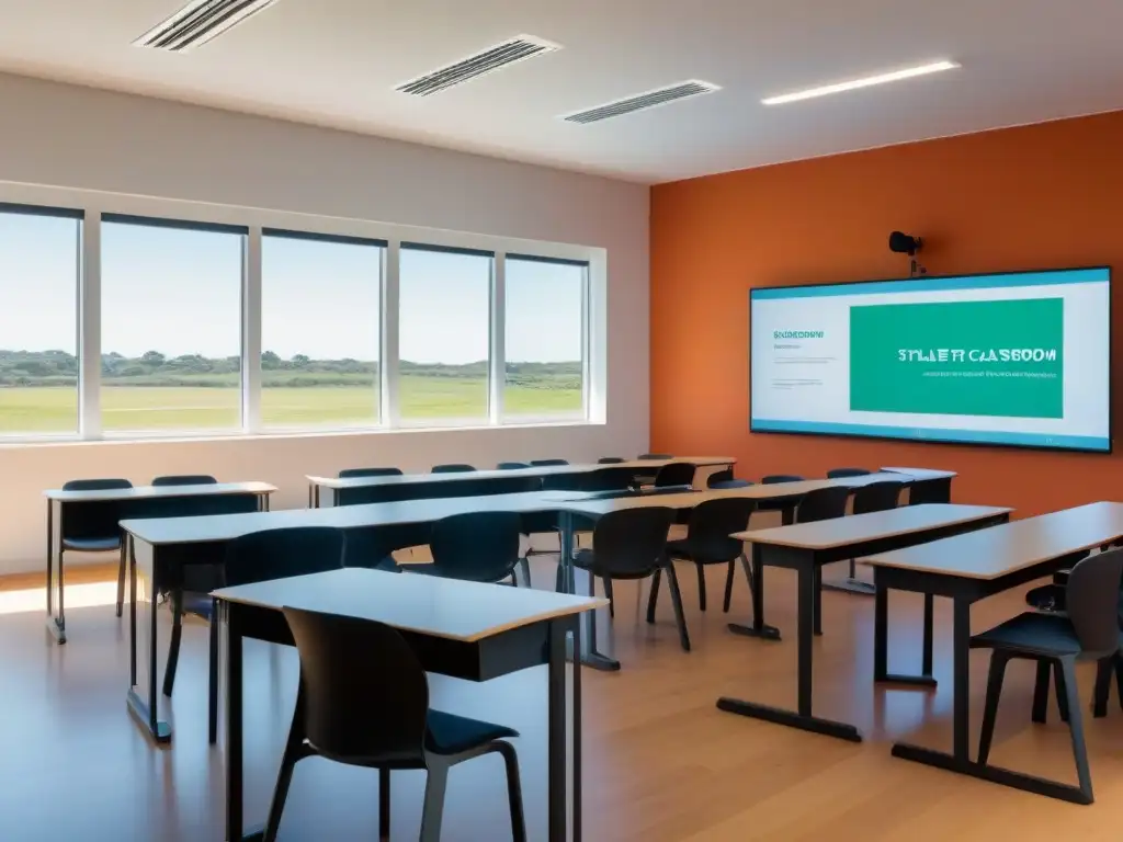 Un aula moderna en Uruguay con tecnología educativa avanzada, estudiantes colaborativos y ambiente acogedor