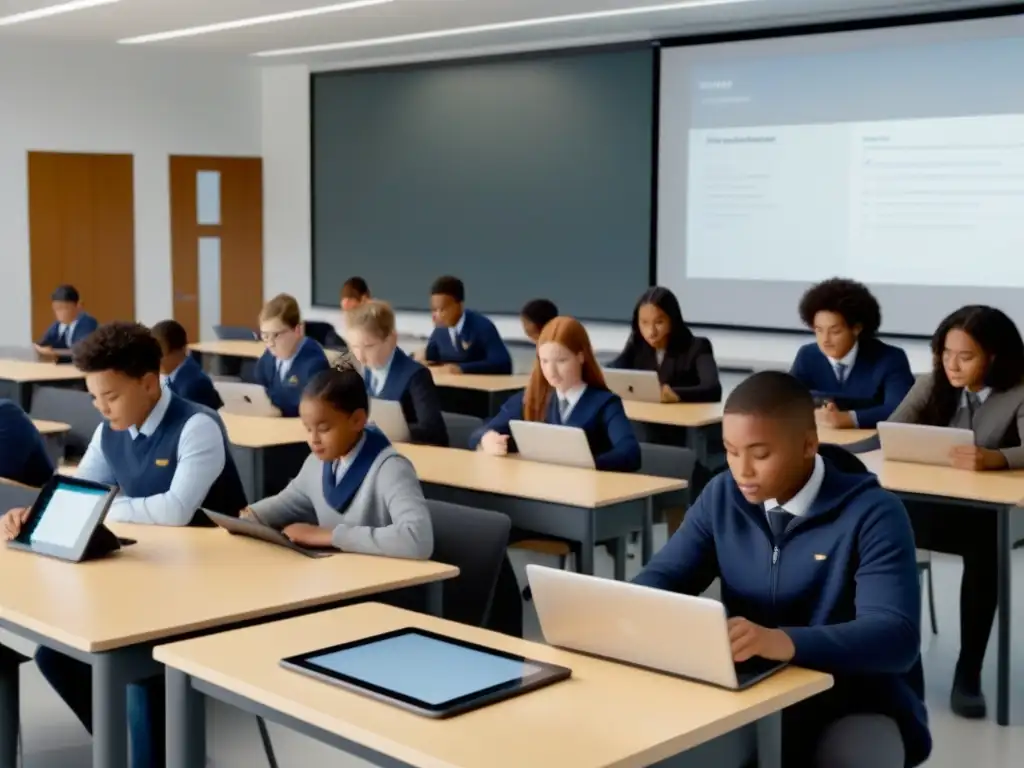 Un aula moderna con tecnología en metodologías de enseñanza, estudiantes diversos aprendiendo con tablets y laptops