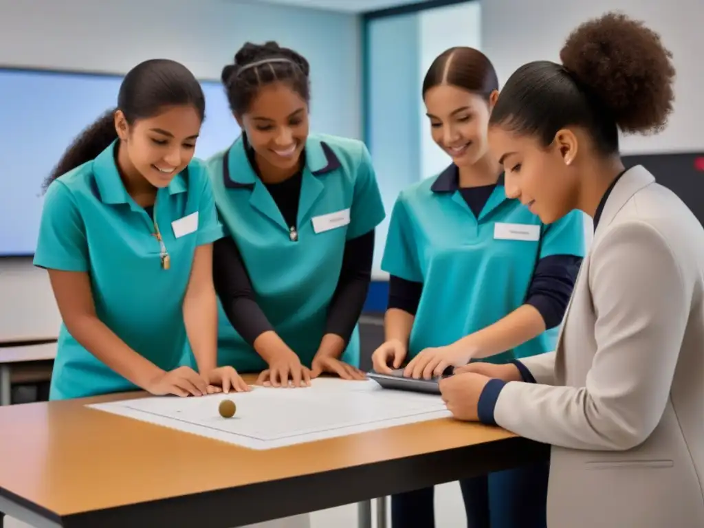 Inversión en educación STEM Uruguay: Estudiantes diversos colaboran en aula moderna con tecnología de punta