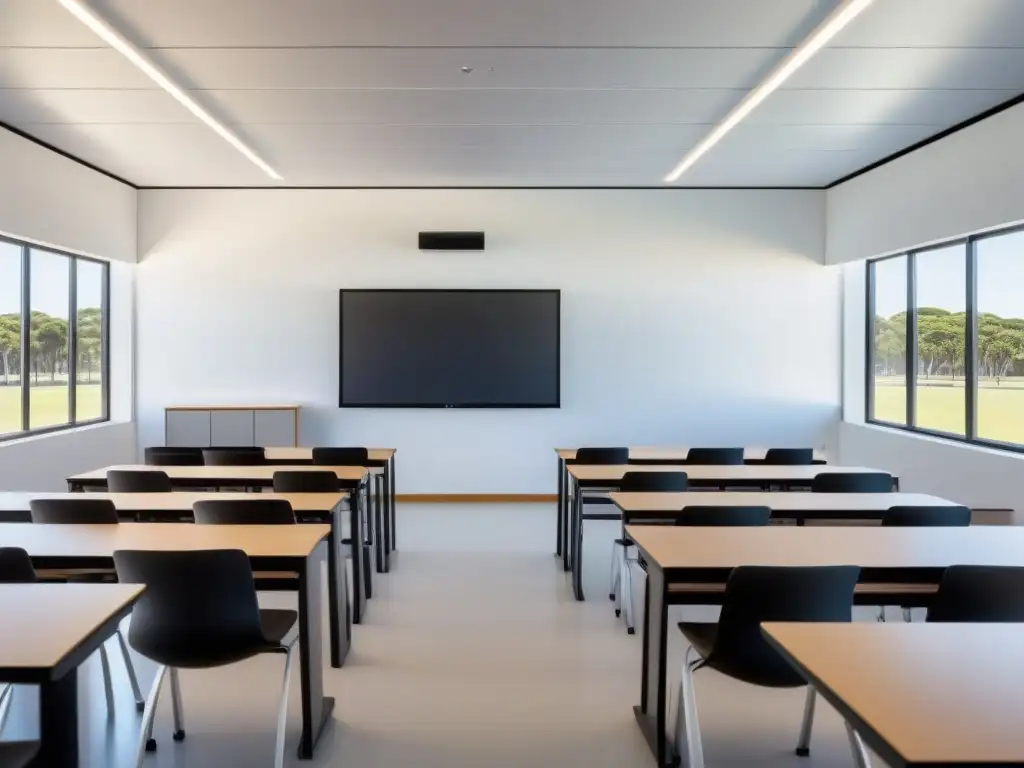 Un aula moderna en Uruguay con tecnología de vanguardia y diseño minimalista, fomentando un entorno educativo futurista