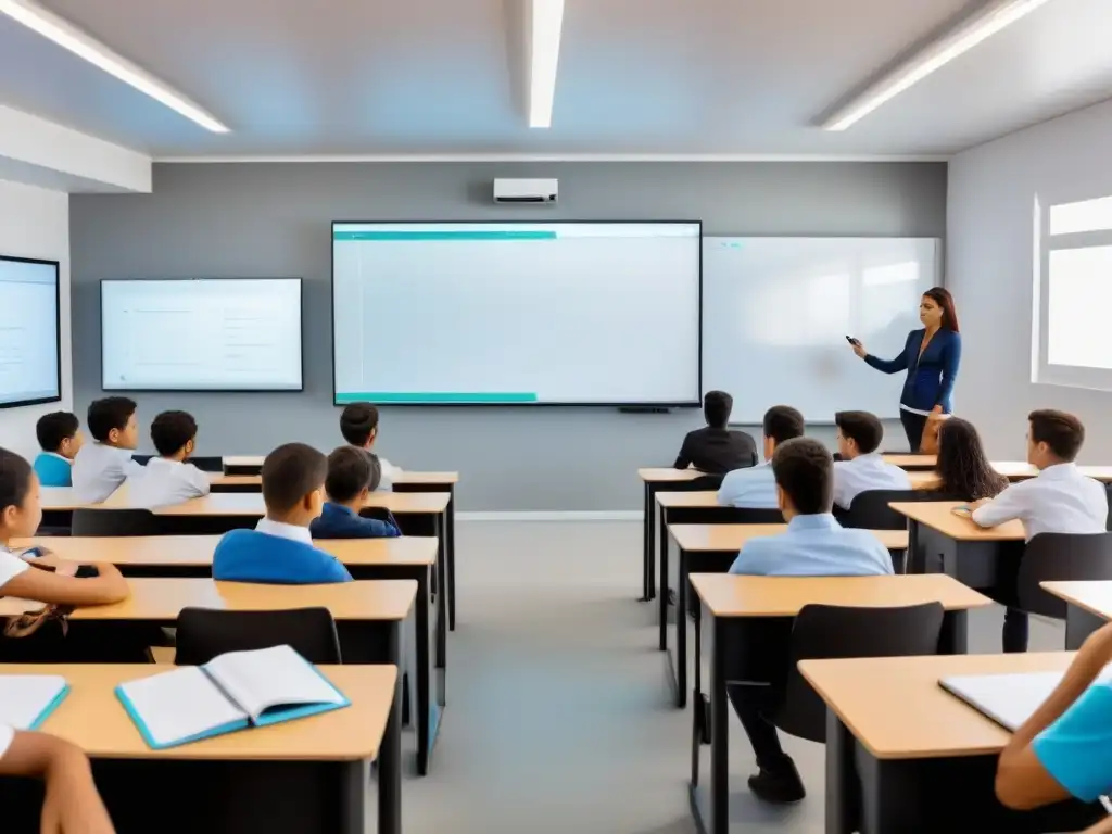 Un aula moderna en Uruguay con Tecnologías AdTech, estudiantes participando en lección digital