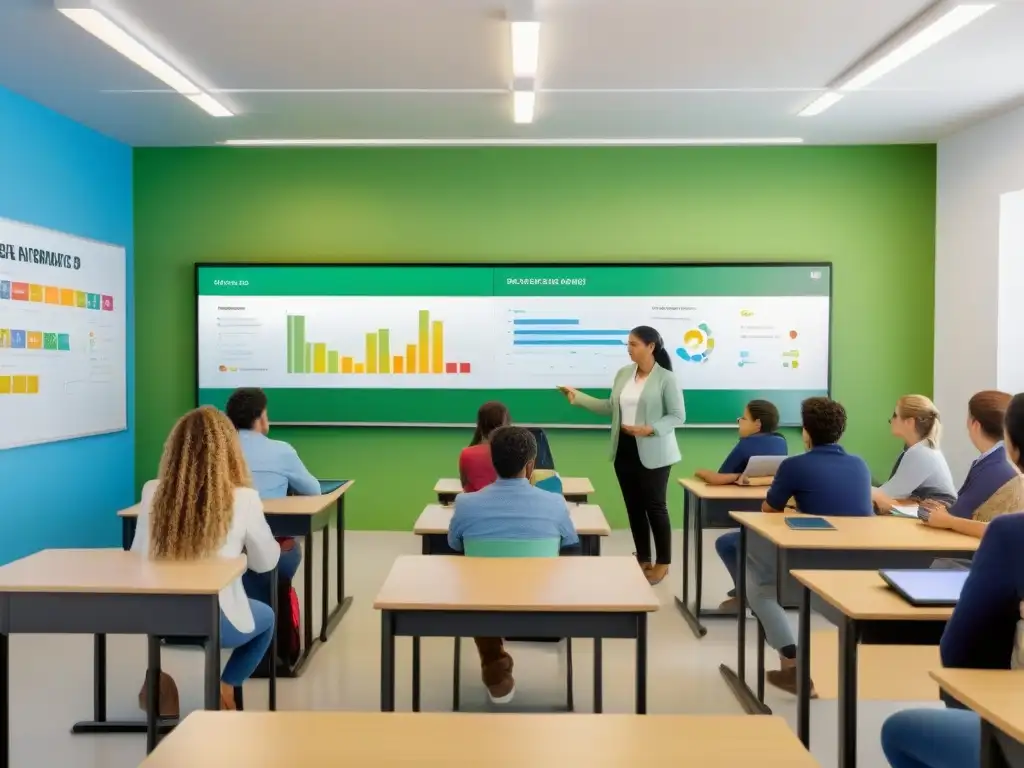 Un aula moderna en Uruguay con tecnologías educativas, alumnos diversos colaborando en aprendizaje interactivo