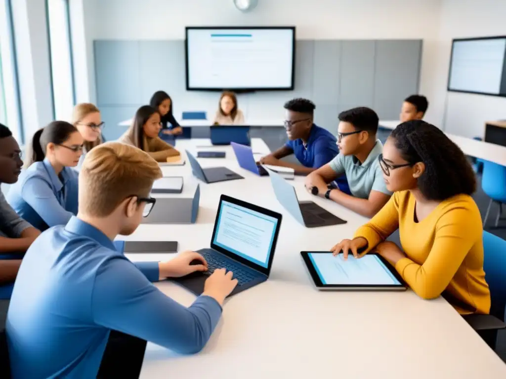 Un aula moderna y tecnológica donde estudiantes diversos colaboran en actividades de aprendizaje, representando el método Flipped Classroom en Uruguay