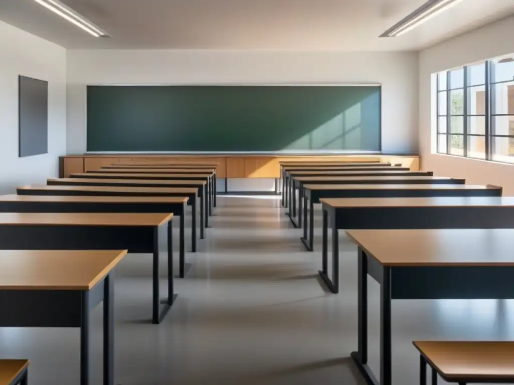 Un aula moderna vacía con pupitres alineados y pizarra en blanco, inundada de luz natural