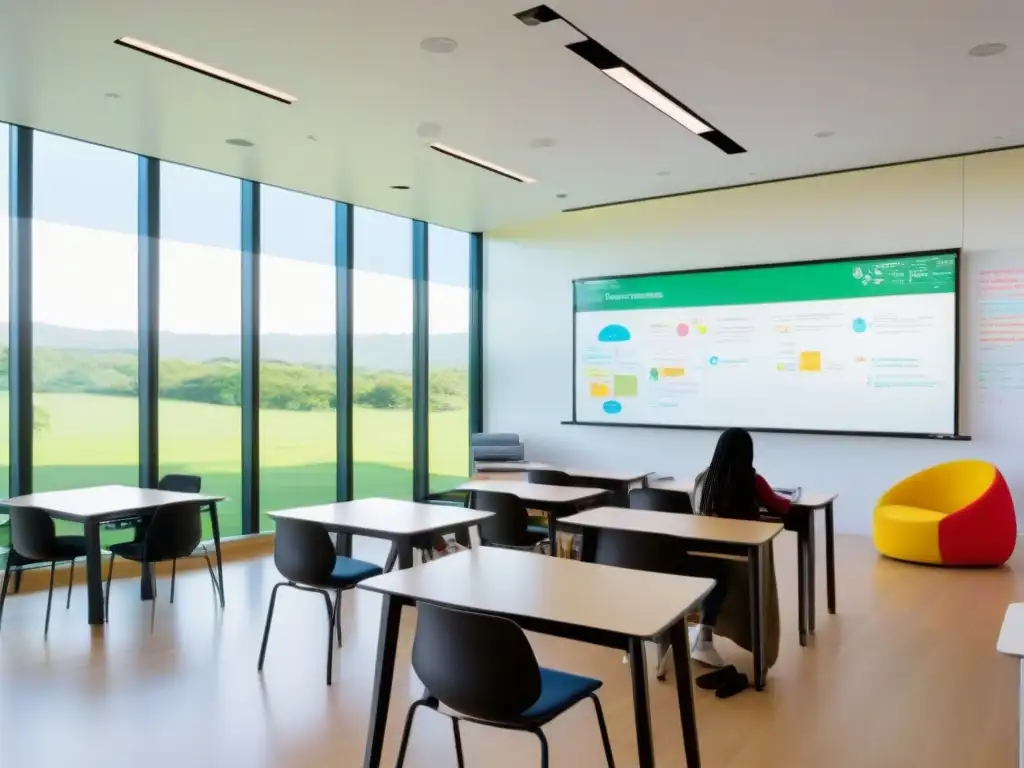 Aula moderna con vista panorámica a naturaleza, estudiantes colaboran en metodologías activas educación Uruguay realidad aumentada