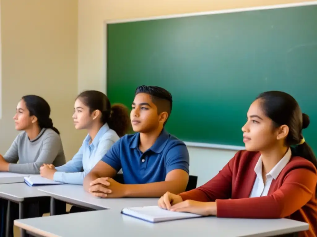 Un aula multicultural en Uruguay: estudiantes de diversas edades y etnias dialogan, mostrando educación inclusiva en Uruguay