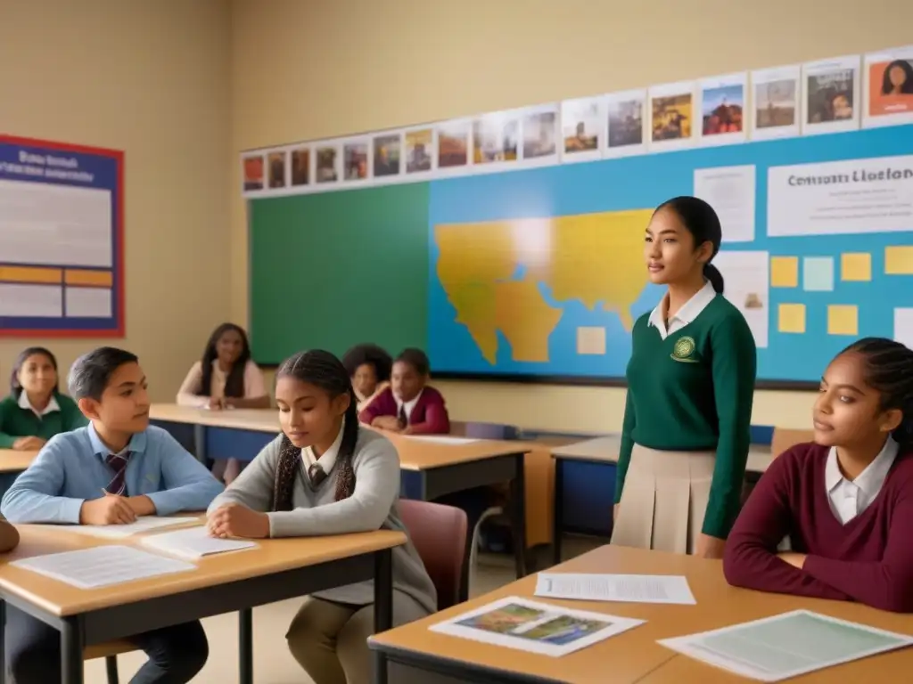 Un aula multicultural con estudiantes diversos participando en actividades grupales, rodeados de material educativo