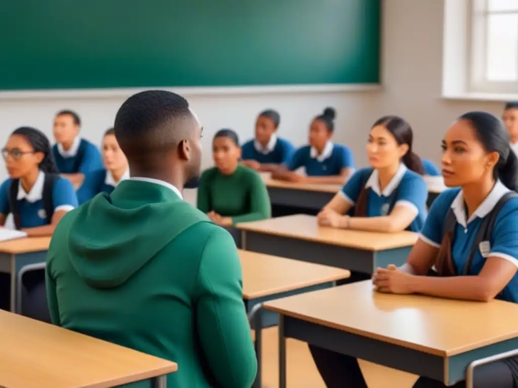 Un aula multicultural donde estudiantes de diversas culturas escuchan atentamente al profesor, reflejando la educación en Uruguay para migrantes