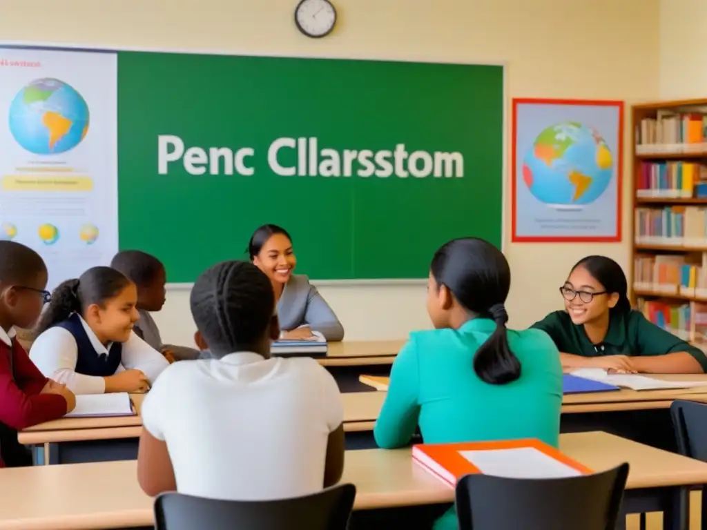 Aula multicultural con estudiantes diversos y docente liderando debate, reflejando importancia docentes aulas multiculturales