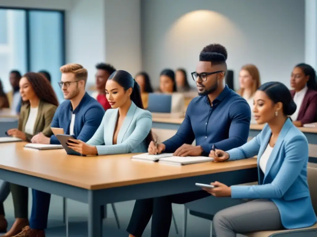 Un aula multicultural con estudiantes trabajando juntos en actividades educativas con recursos digitales