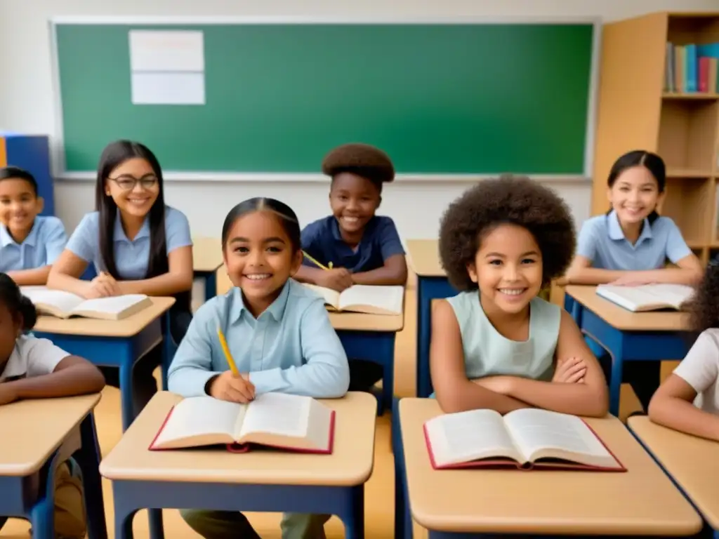 Un aula multicultural donde niños de diversas etnias estudian juntos, mostrando participación familias educación multicultural