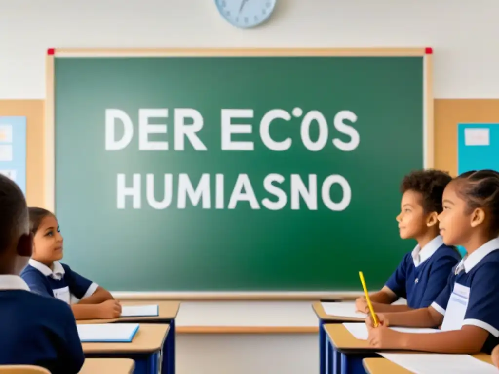 Una aula multicultural donde niños de diversas etnias discuten sobre derechos humanos, con un profesor inclusivo