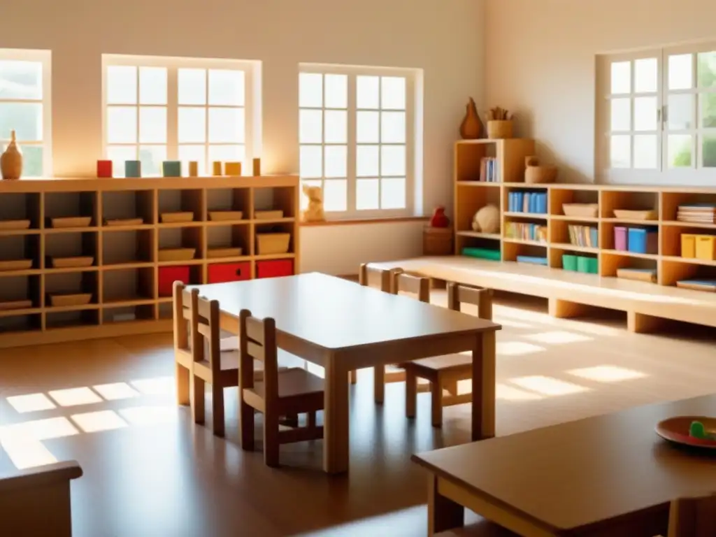 Un aula Montessori en Uruguay con niños diversos aprendiendo de forma independiente, mobiliario de madera y materiales educativos