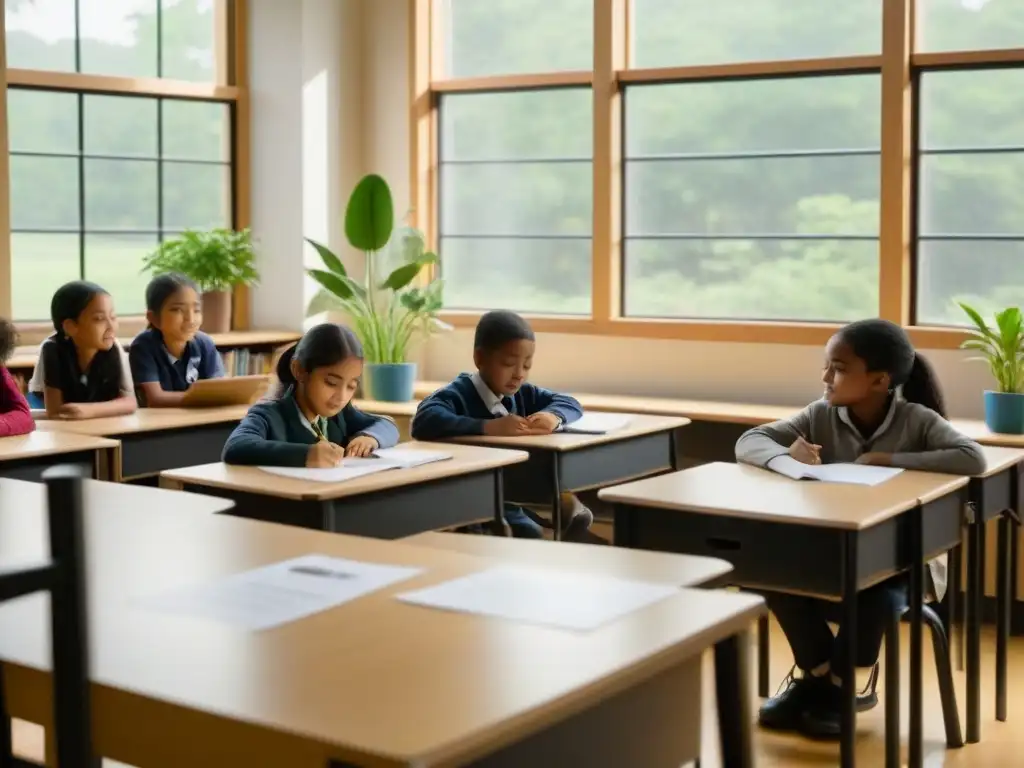 Un aula rural cálida y acogedora con alumnos diversos concentrados en una actividad educativa, iluminada por la luz natural