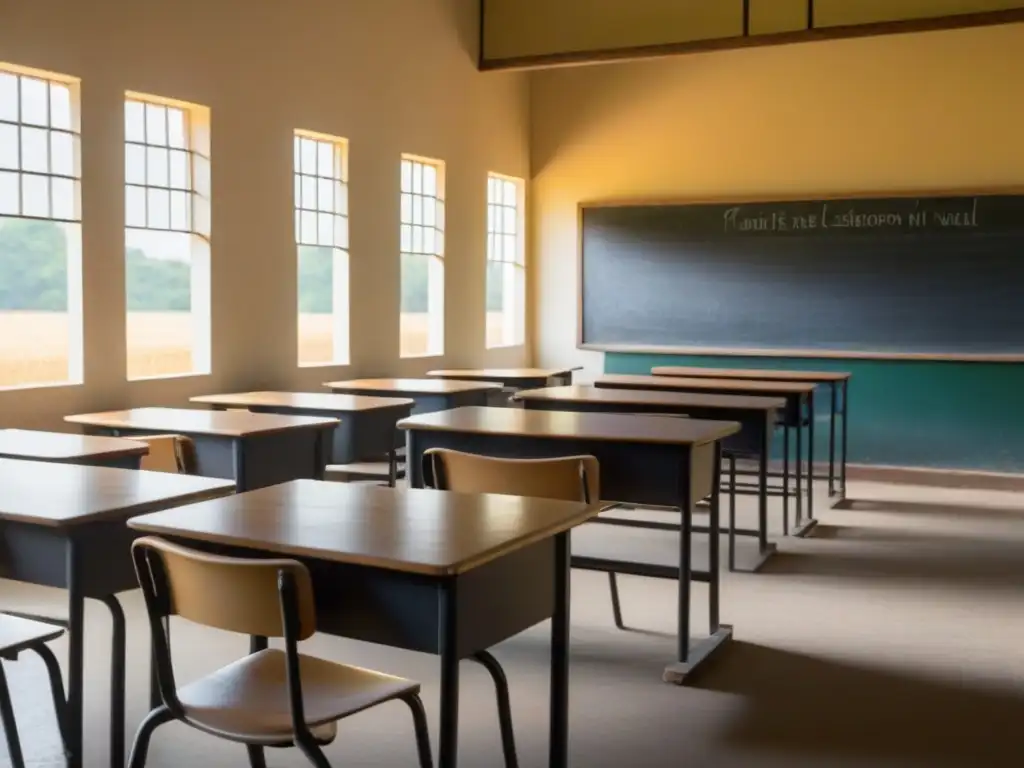 Un aula rural al amanecer, iluminada por suaves rayos dorados, con pupitres vacíos y un ambiente de potencial educativo