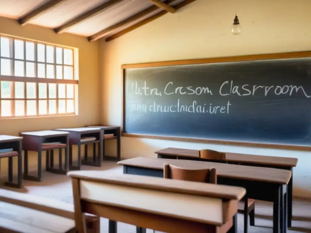 Innovación en el aula rural Uruguay: Escena de aula rústica con estudiantes diversos y educadores creativos