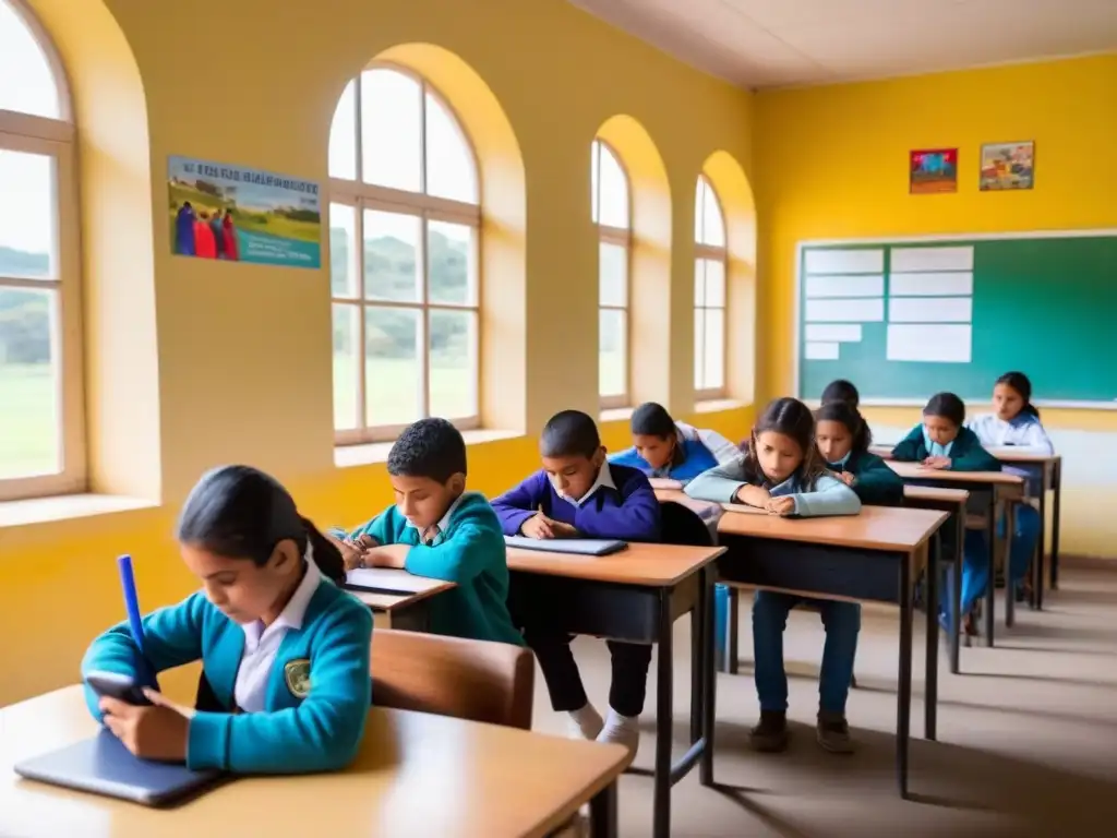 Un aula rural en Uruguay con contenido digital móvil: estudiantes atentos usan tablets y smartphones bajo la luz natural