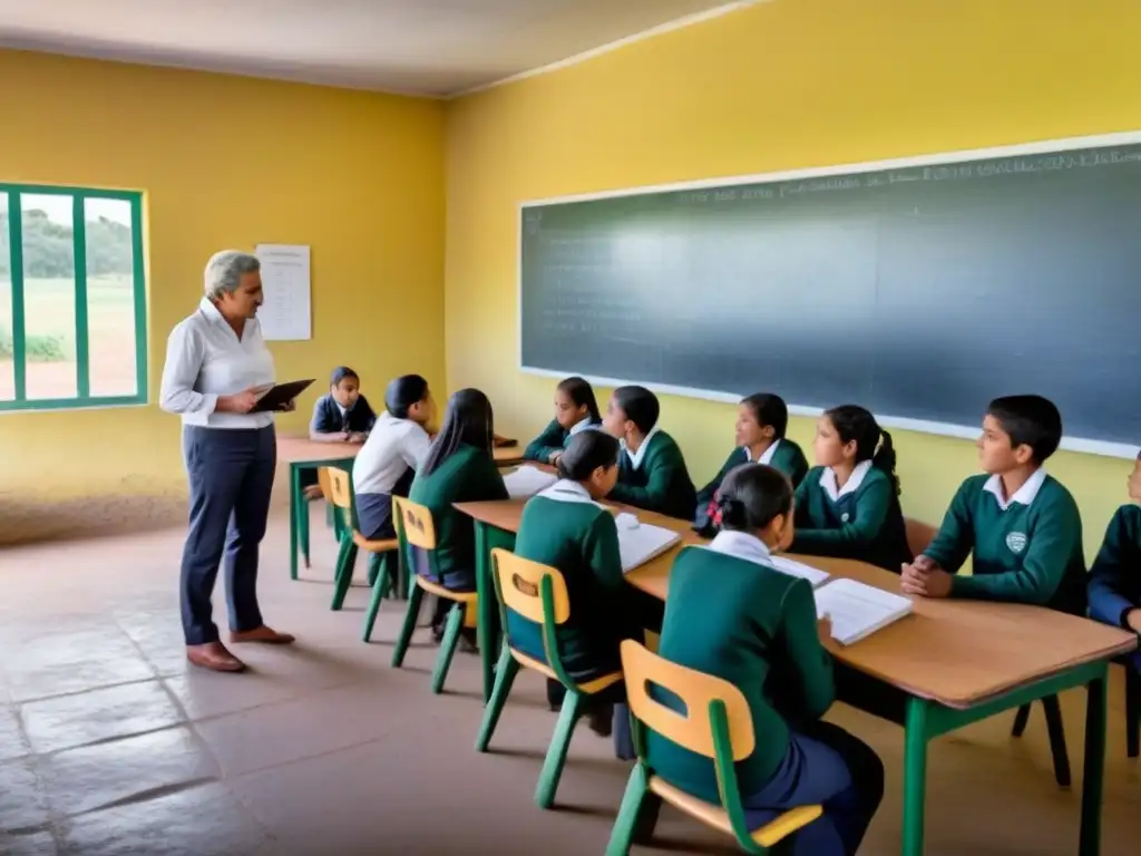 Innovación en el aula rural Uruguay: Ilustración detallada en blanco y negro de aula con métodos educativos innovadores y creatividad en la enseñanza