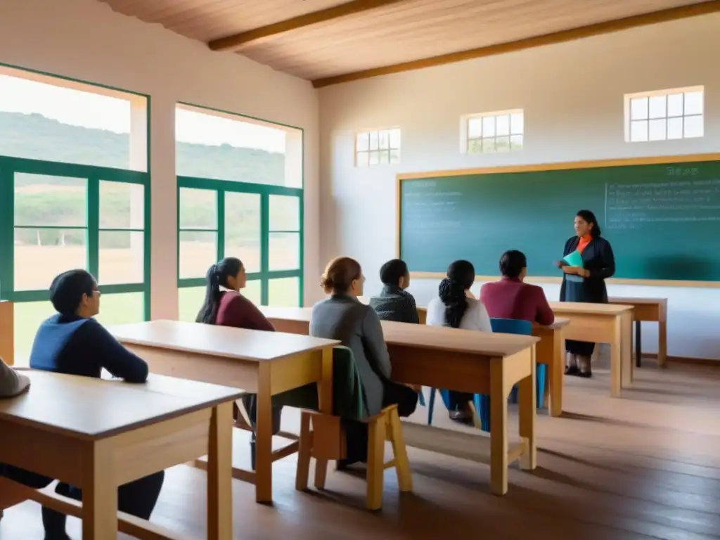 Un aula rural en Uruguay con educadores diversos participando en un programa de capacitación