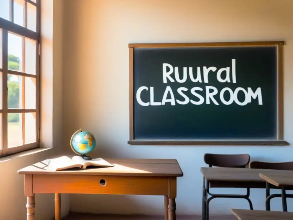 Un aula rural en Uruguay con escritorio de madera, libros, globo y flores silvestres