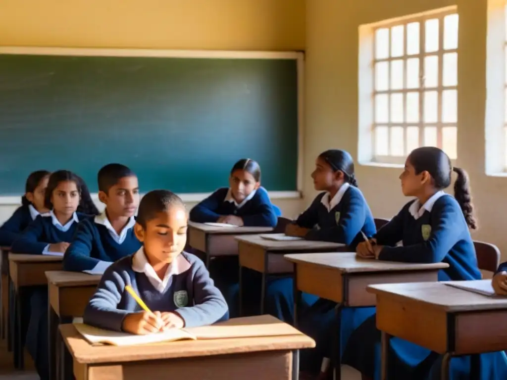 Una aula rural en Uruguay con estudiantes diversos concentrados en su lección