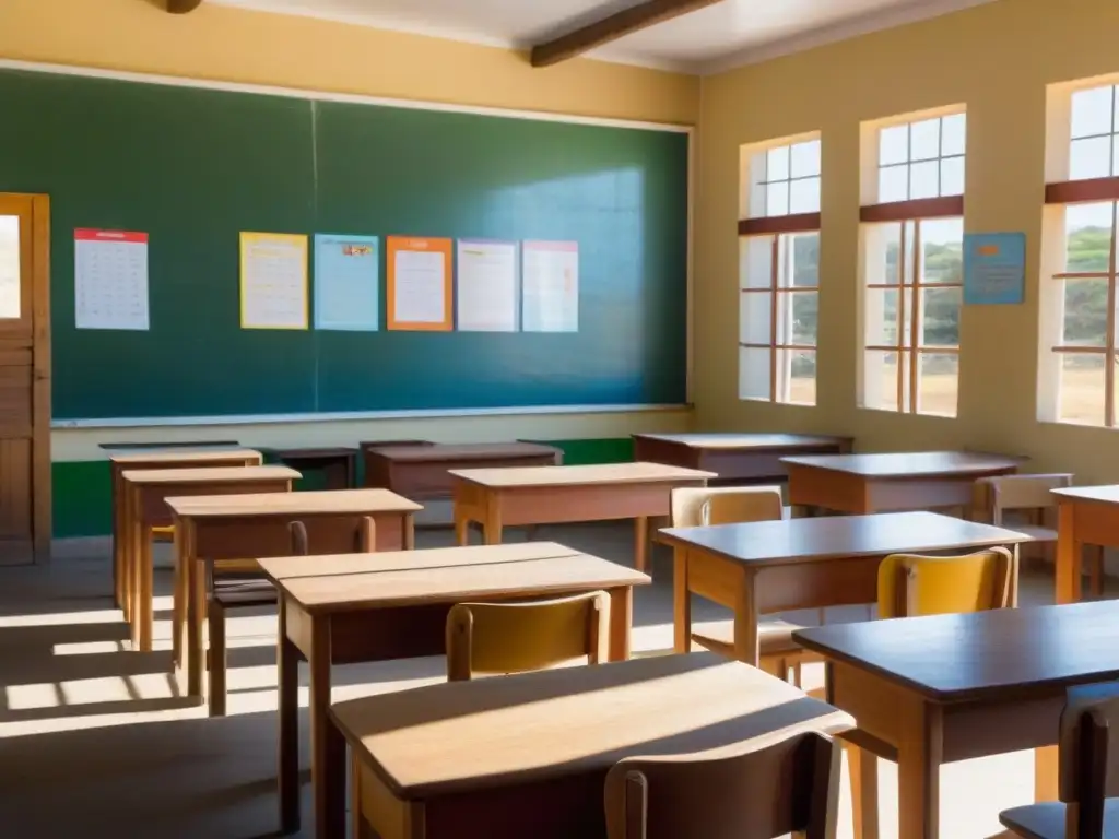 Un aula rural en Uruguay con una educación inclusiva, alumnos diversos aprendiendo en un ambiente acogedor y exitoso