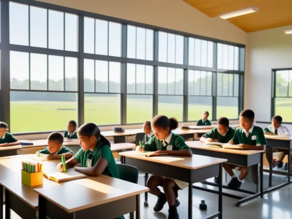 Una aula rural llena de luz y estudiantes curiosos realizando experimentos científicos