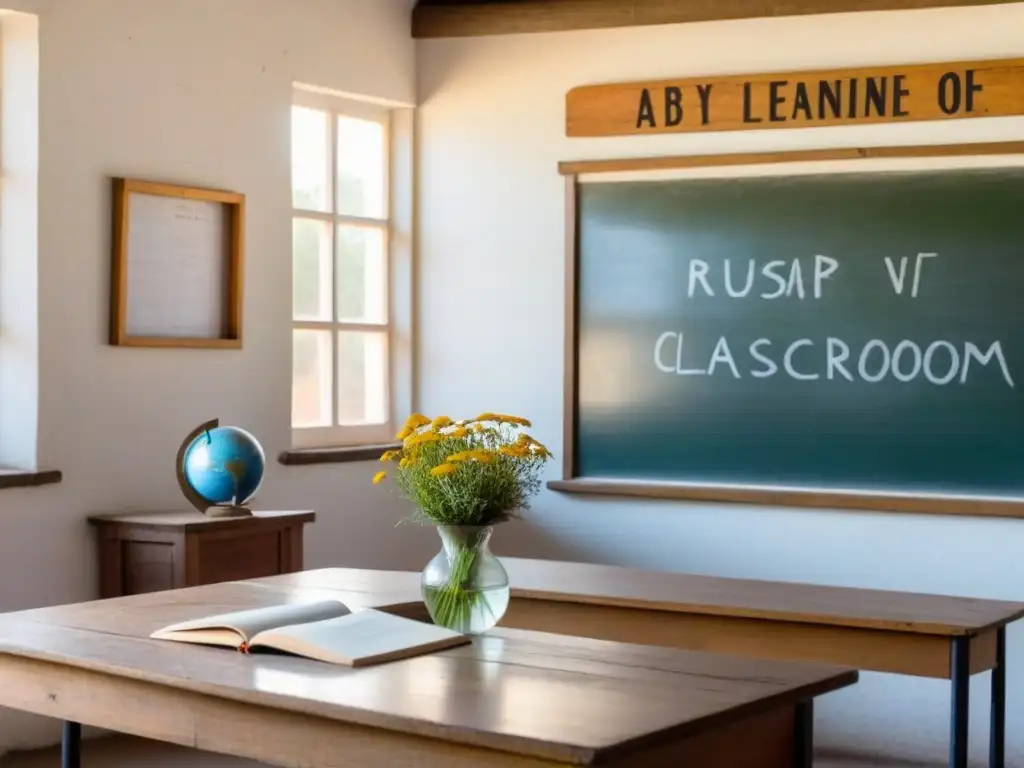 Un aula rural en Uruguay, con luz natural, un escritorio de madera, libros, un globo y flores silvestres