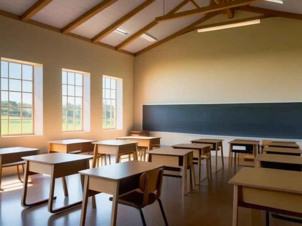 Innovación en el aula rural Uruguay: Aula minimalista bañada en cálida luz dorada con alumnos y maestro