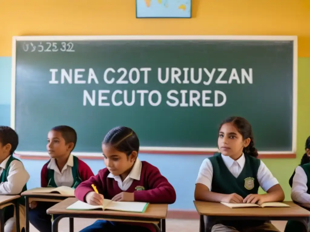 Un aula rural en Uruguay con niños de diversas edades y etnias, y un profesor enseñando frente a una pizarra llena de diagramas coloridos