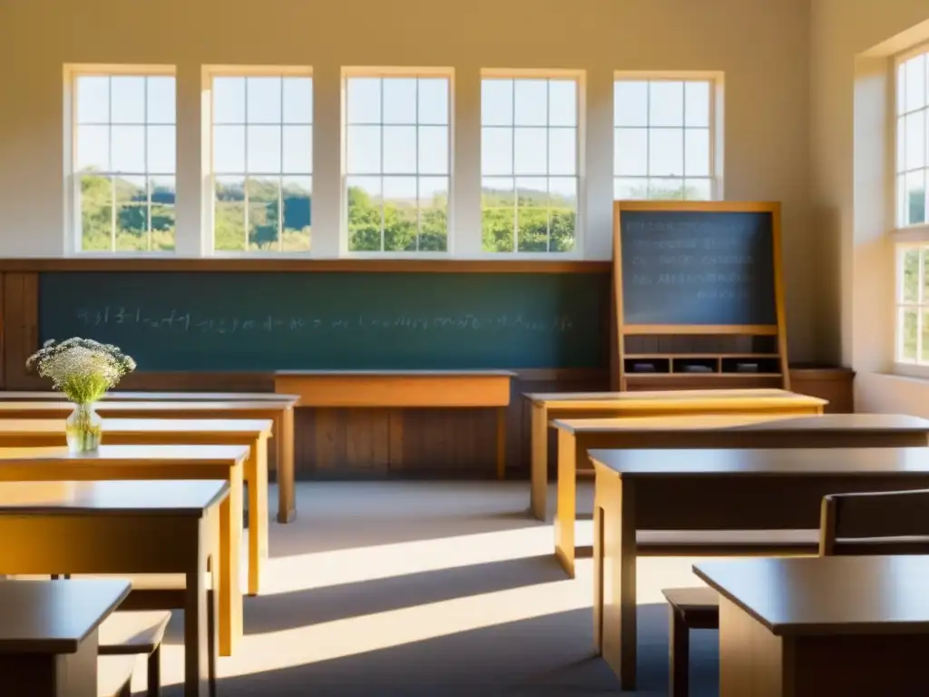 Un aula rural serena y acogedora, bañada en luz dorada, con escritorios de madera, pizarrón y flores silvestres