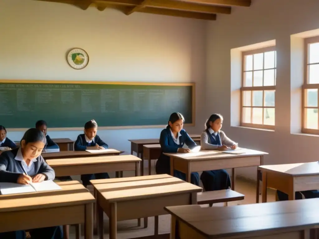 Un aula rural serena con estudiantes diversos, iluminada por el sol