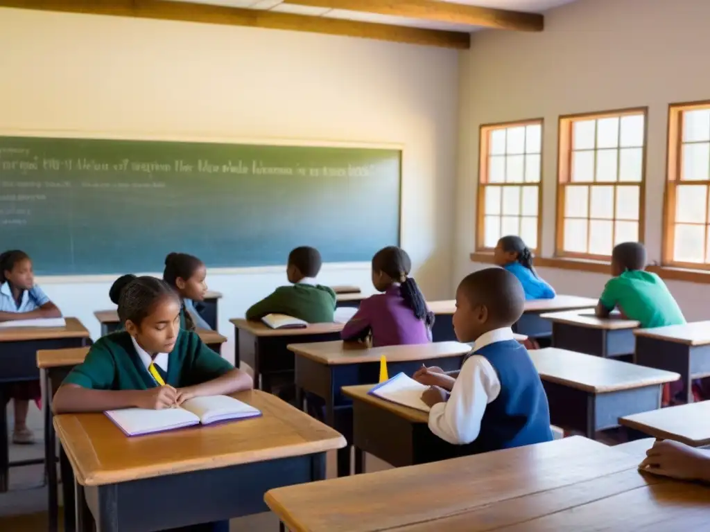 Un aula rural serena y minimalista con estudiantes diversos participando en actividades educativas, en un ambiente inclusivo y colaborativo