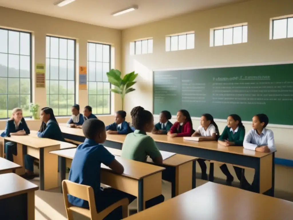 Un aula rural serena y minimalista con estudiantes diversos escuchando atentos a un profesor al frente