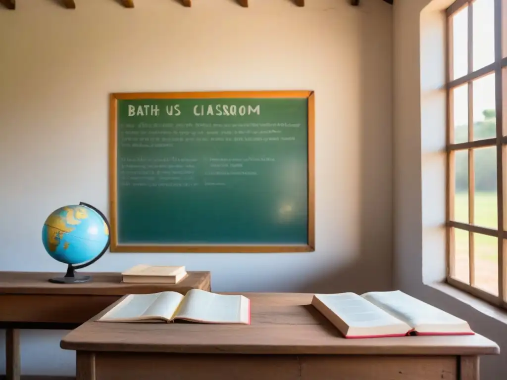 Un aula rural uruguaya serena y minimalista con muebles de madera, libros, un globo terráqueo y flores silvestres