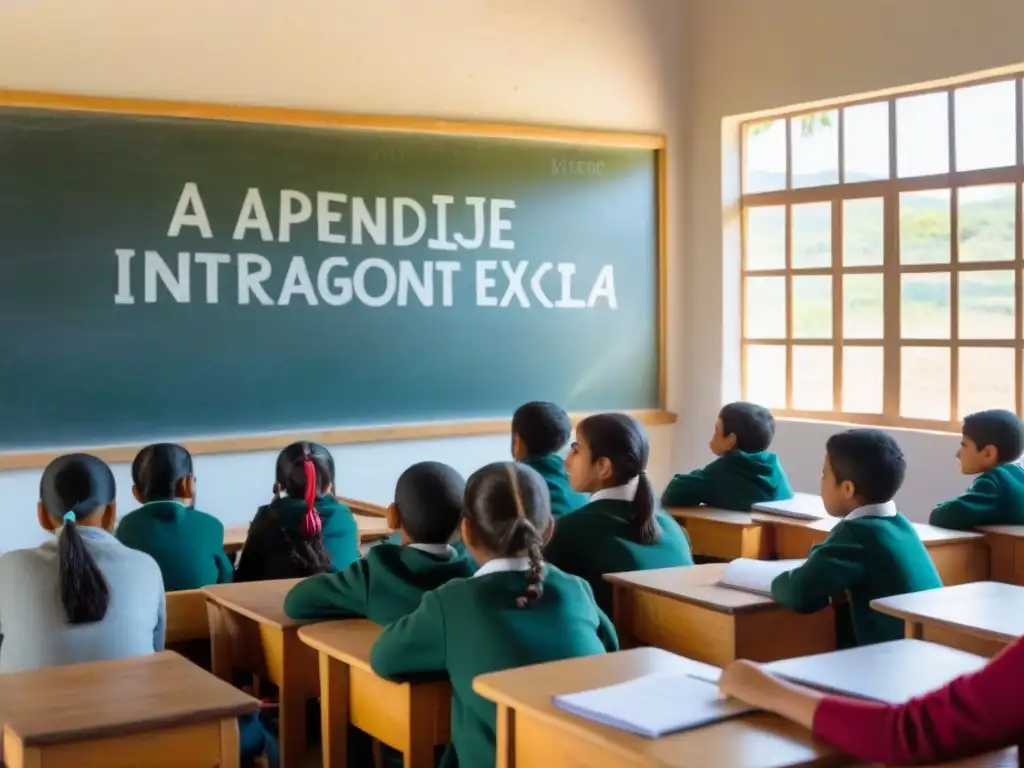 Aula serena en Uruguay con alumnos colaborando en 'Aprendizaje Integrado Contenido Lengua Extranjera'