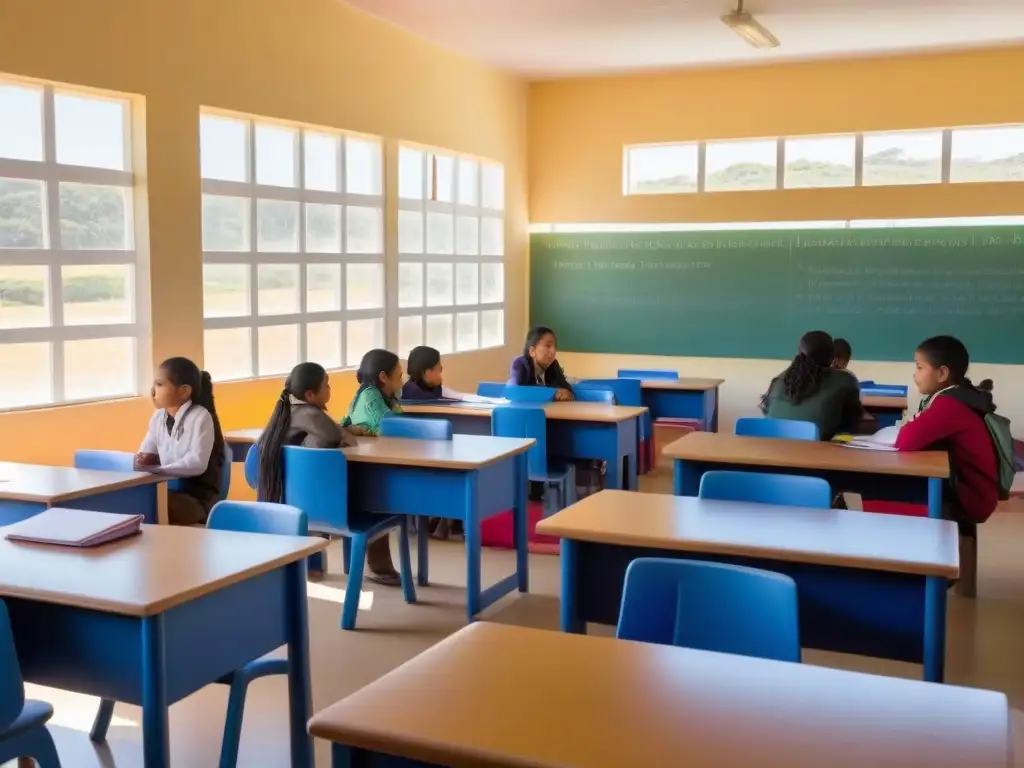 Un aula serena en Uruguay con educación bilingüe, donde estudiantes diversos colaboran en armonía