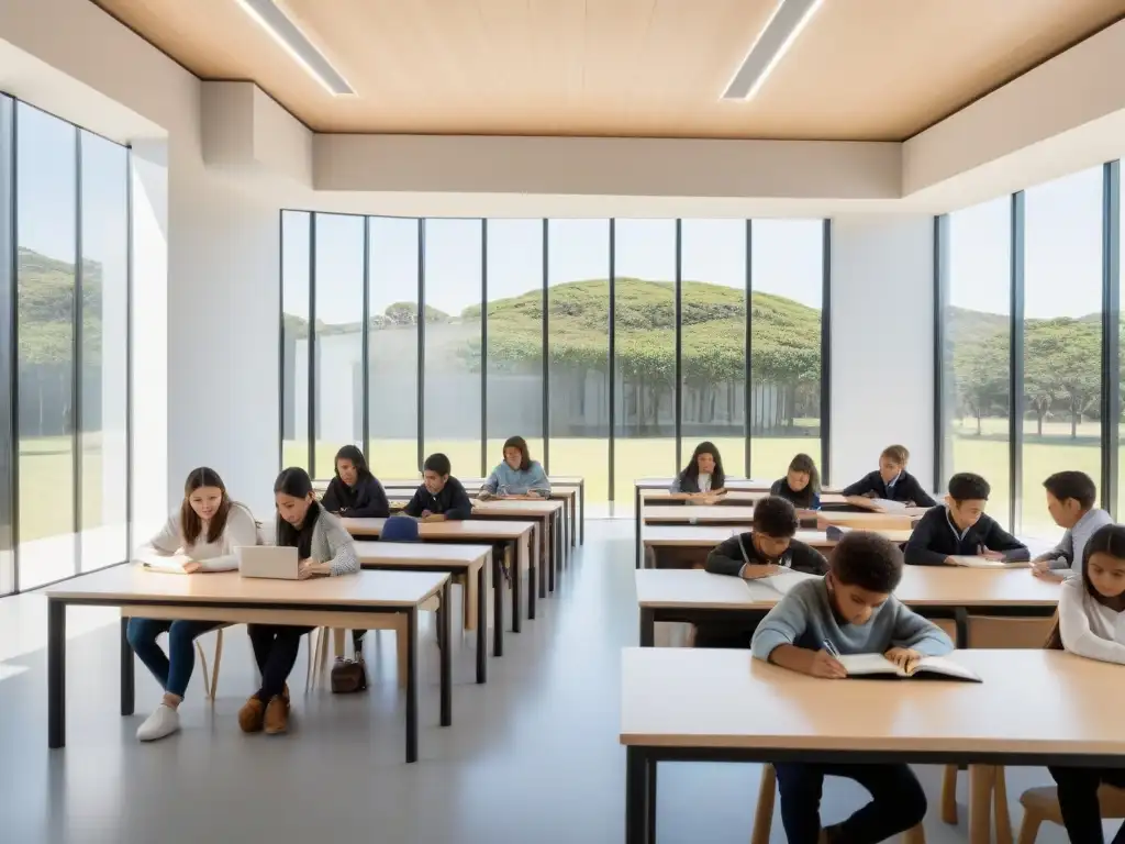 Un aula serena en Uruguay con diseño moderno y tecnología educativa avanzada